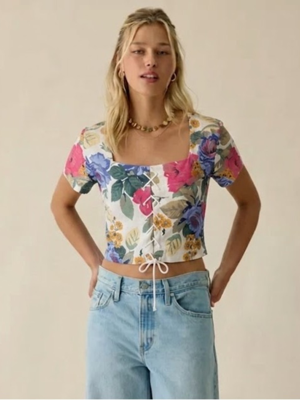 Vintage 80s Floral Lace-up Crop Top Like New Made in USA - Picture 8 of 8